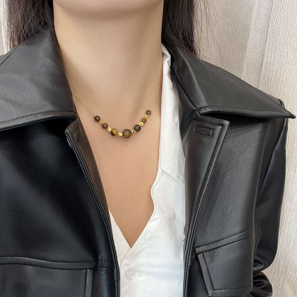 Natural Tiger Eye Stone Melad Style Autumn Winter Long Sweater Chain for Women High-end 2024 New Light Niche Necklace 14b