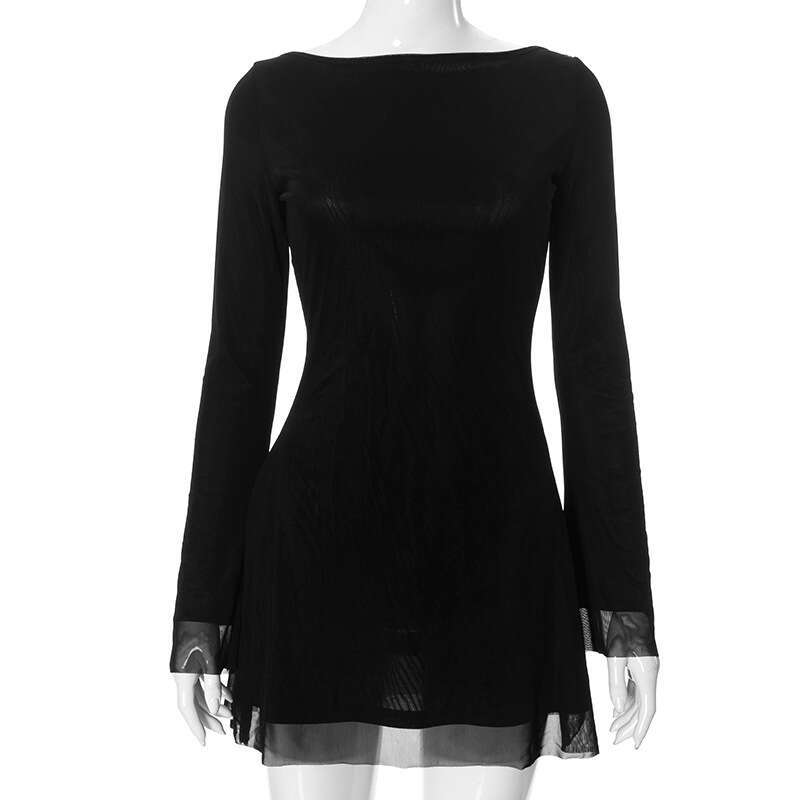 Fds1 Women's Autumn New Solid Color Round Neck Backless Sexy Long Sleeve Bodycon Dress B5