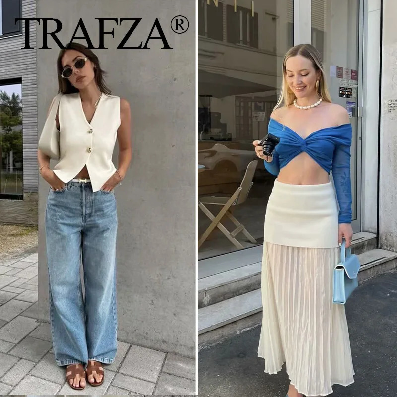 TRAFZA Women Knitted Skirt Set Beige VNeck Sleeveless Slim Vest Solid Patchwork Long Streetwear Summer Casual 250730