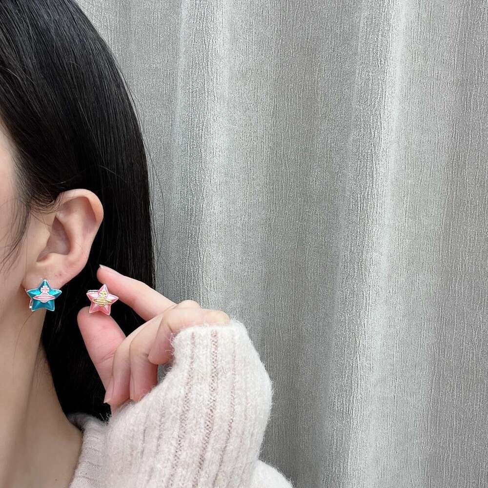 TikTok Same Style Light Fashion Blue and Pink Color-Block Glaze Double-Sided Pentagram Earrings Unique Exquisite Ear Jewelry 975