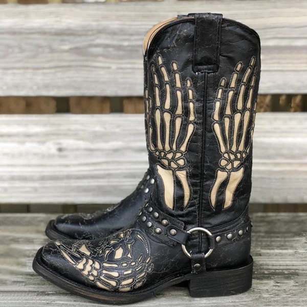 Square Head Totem Skull Patterned Martin Style Boots for Men Plus Sizing Options