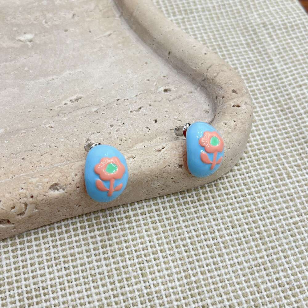 TikTok Korean Style Cream Colorful Flower Semi-Circular Earrings Minimalist Cute Creative Versatile c67