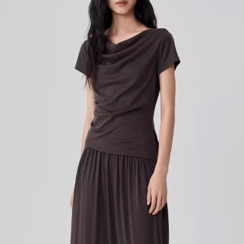 2025 summer new swing collar design short sleeved shirt with waist and slit, women's exquisite top new designer T-shirt