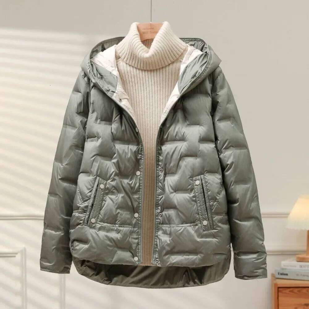 Designer Clothing 2025 White Duck Down Coat 2024 New Autumn Winter Women Casual Hooded Single Breasted Jacket Fashion Light Puffer Parka Outwear