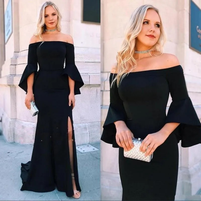 Elegant Black Mermaid Evening Off Shoulder Side Split Poet Sleeves Floor Length Formal Dress Prom Party Dresses Robe Vestidos