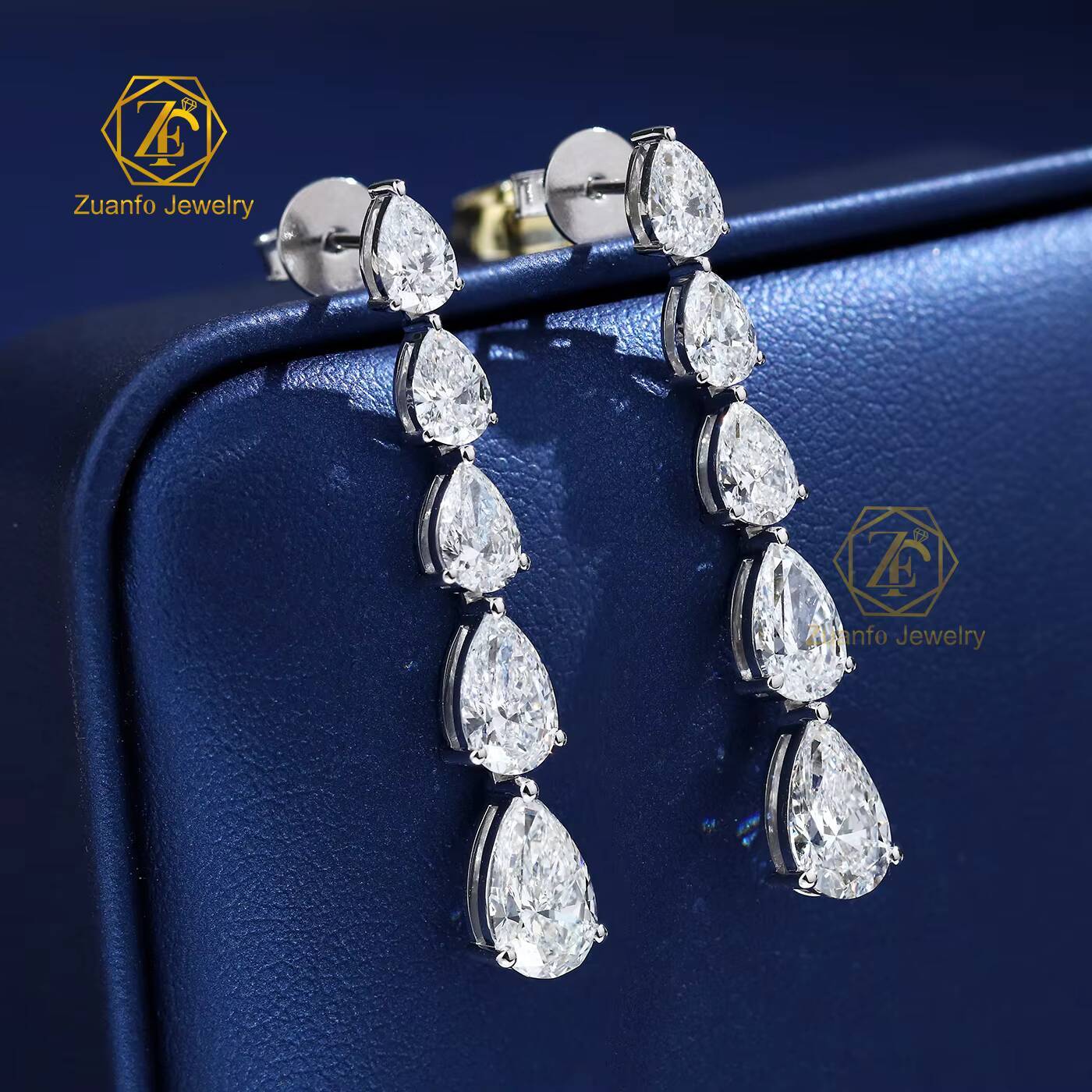 Fine Jewelry 14k White Gold Gradient DEF Color Pear Brilliant Cut LAB Diamond Stud Long Earrings Women Jewelry Gift