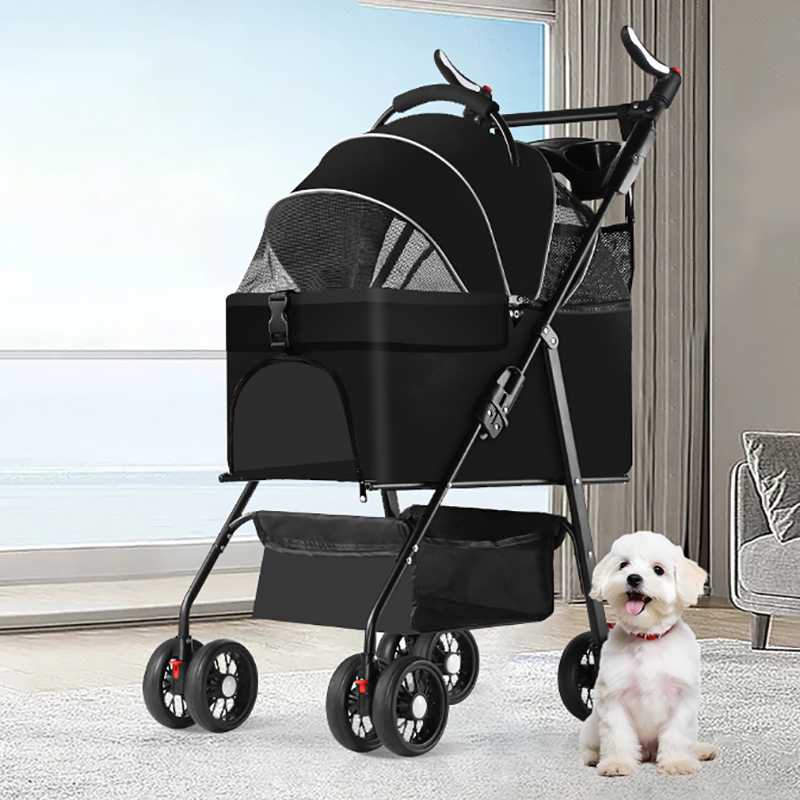 Pet stroller suitable for small and medium-sized cats and dogs, with detachable straps, easy to fold, detachable lining, storage basket+cup holder