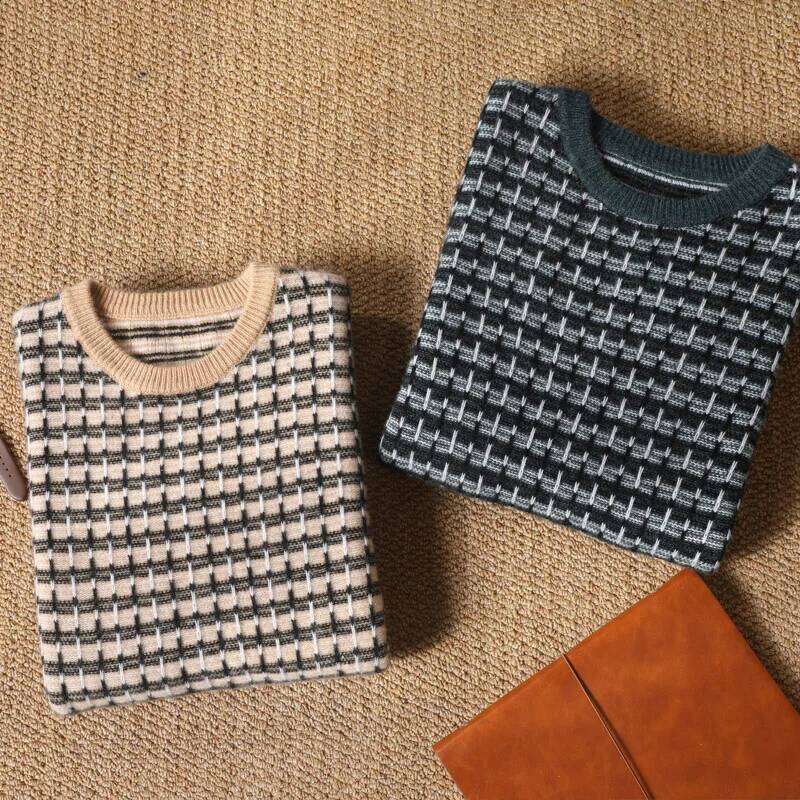 Autumn Winter Men 100% Merino Wool Soft Sweater O-Neck Stripe Grid Pullover Contrast Casual Knitting Jumper Thickened Loose Top MDNG