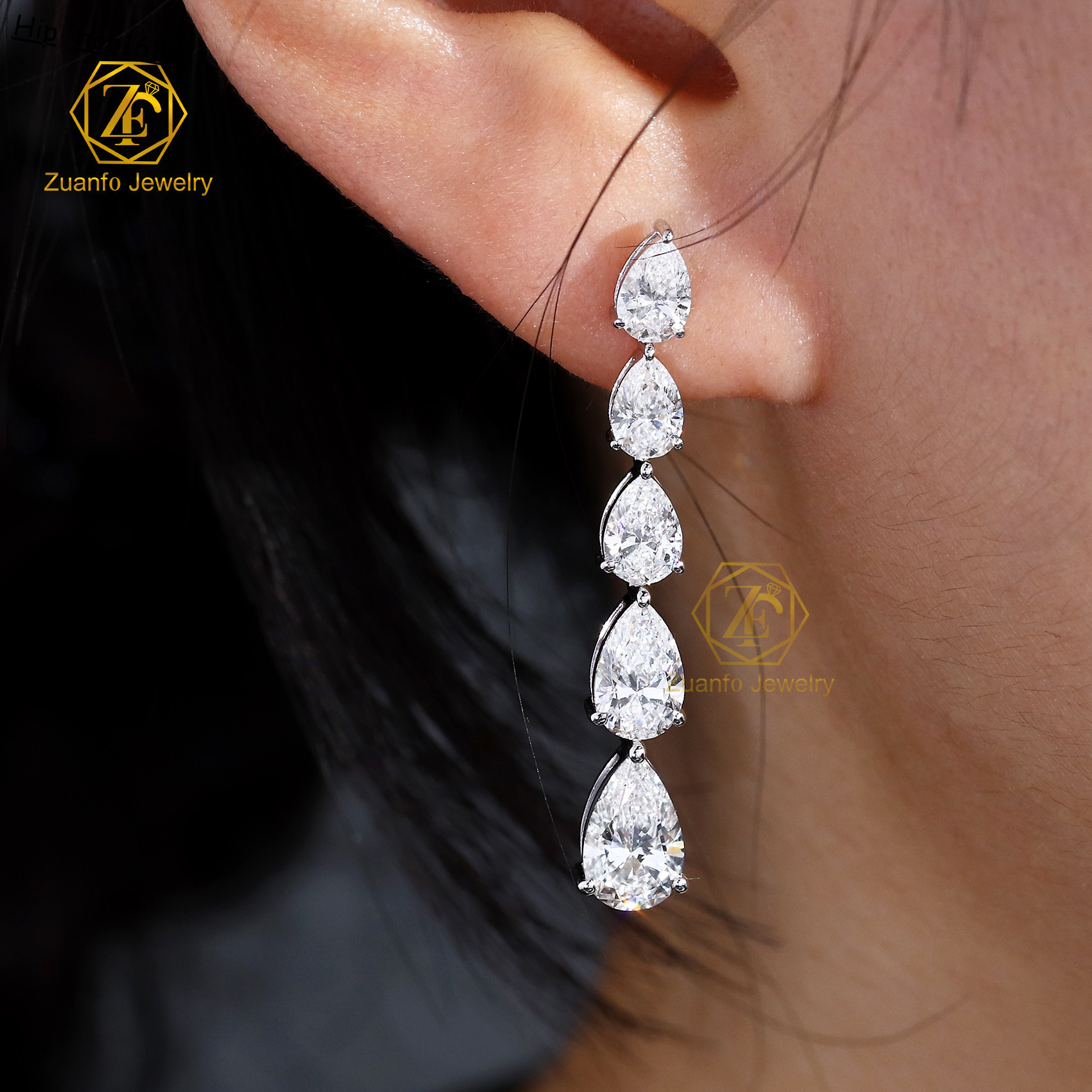 Fine Jewelry 14k White Gold Gradient DEF Color Pear Brilliant Cut LAB Diamond Stud Long Earrings Women Jewelry Gift