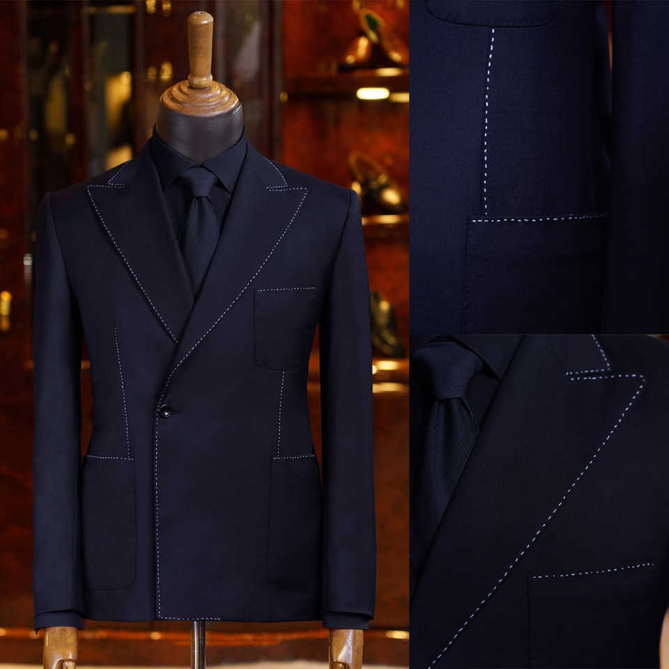 Vintage Dark Blue Wedding Tuxedos 1 Piece Set Jacket Peaked Lapel Men Suits Classic Fit Groom Wear Party Suit Customized