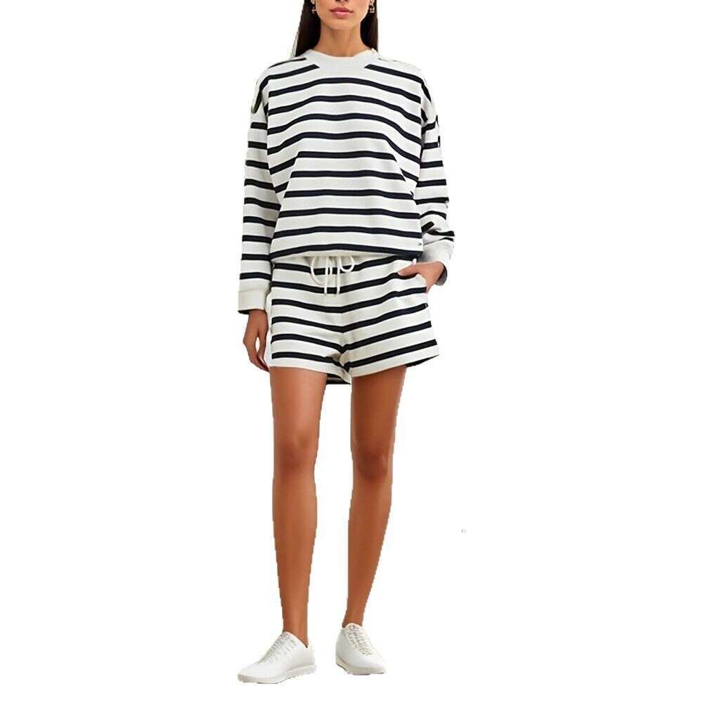 Spring And Autumn New Round Neck Loose Pullover Striped Color Block Sweatshirt Women's Set Long Sleeve Off-Shoulder Top + Shorts B5