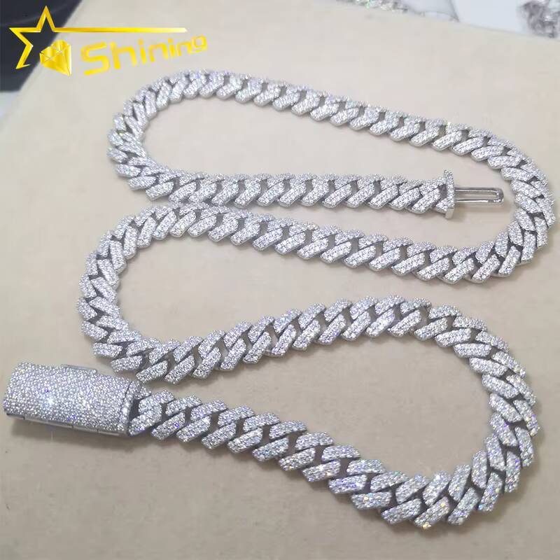 Wholesale Price Ice Out Hip Hop Men Cuban Necklace 10MM 2Rows 925 Sterling Silver Moissanite Miami Cuban Link Chain