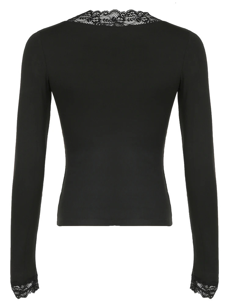 Cuteandpsycho Lace Patchwork Solid Slim Tee Shirts Long Sleeves Vneck Aesthetic Fashion Clothes Vintage Streetwear Black Tops 250729