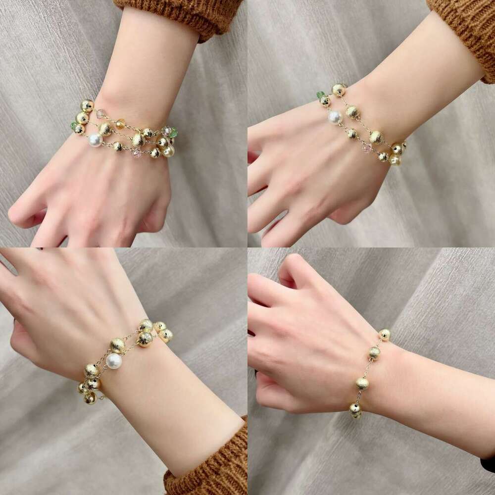 Geometric Smooth Metal Round Bracelet with Beaded Chain, Brushed Bead Bracelet, Gold Color, Light , Niche, High-End Fashion 6c6