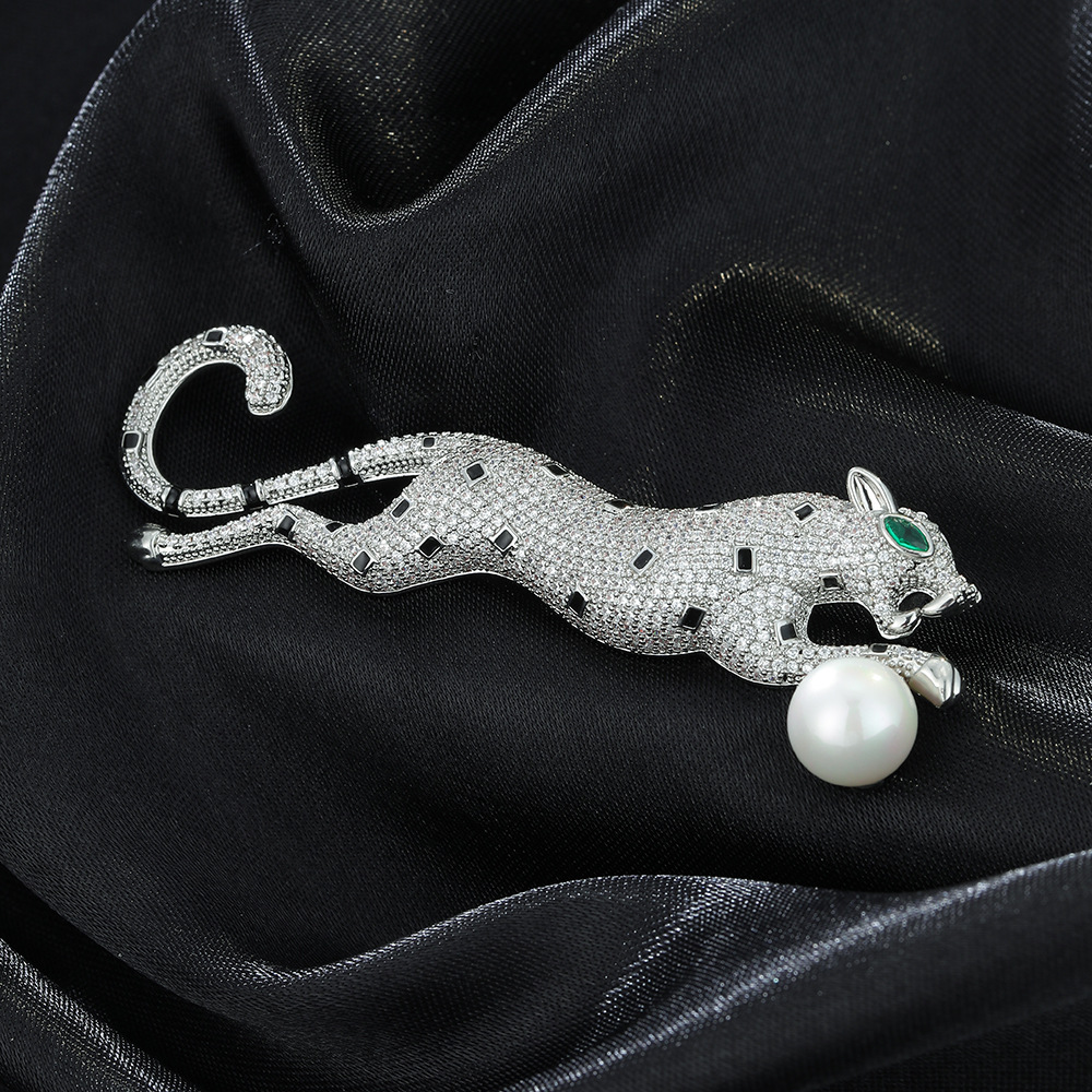 Silver Tone Rhinestone - Encrusted Leopard Brooch With Black Accents, Green Gemstone Eyes And Pearl In Mouth Bold Party Jewelry And Gift For Him/Her H