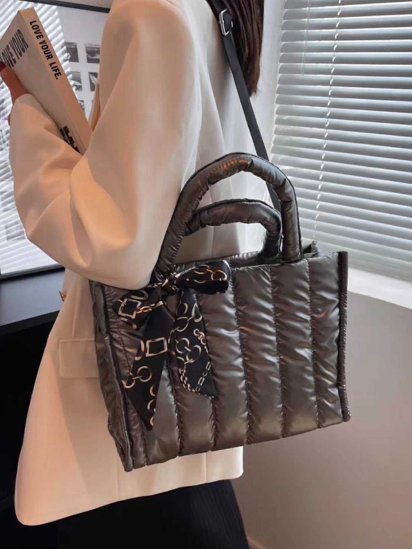 Urban Stylish Shoulder Bag Quilted Fabric Tote with Metal Chain Scarf Lightweight 0.3kg for Off Travel Y250730