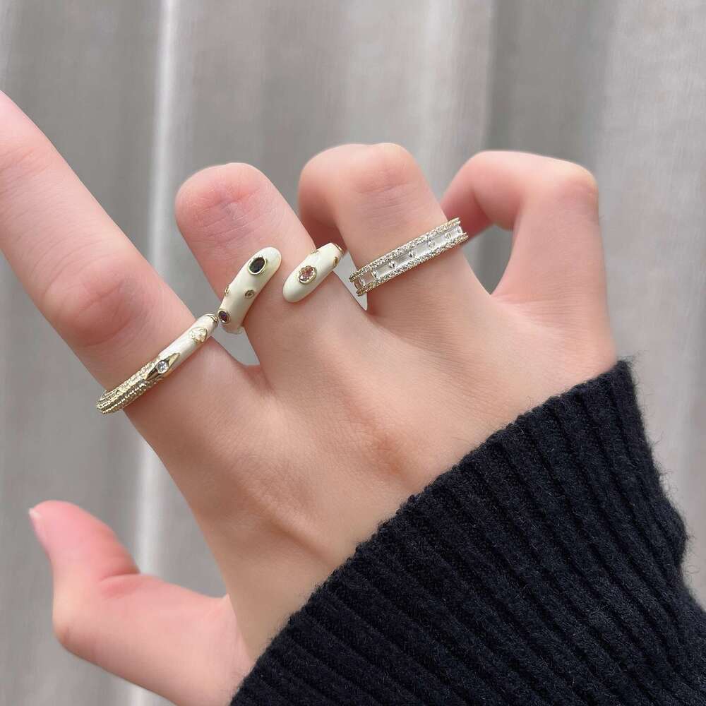 Milky White Tone Arc de Triomphe Bamboo Section Inlaid Zirconium Heart-Shaped Snake Head Cake Edge Open Ring Six Options Available b2a