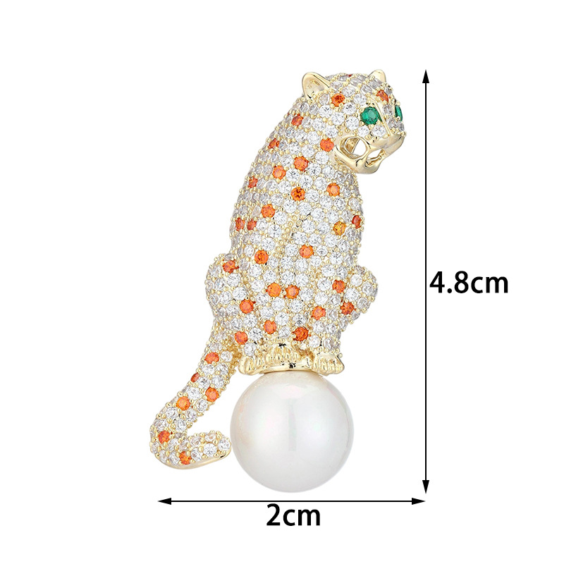Gold Tone Rhinestone - Encrusted Leopard Brooch With Orange Gemstone Spots, Green Eyes And Pearl Accent Bold Party Jewelry And Gift For Her High Quali