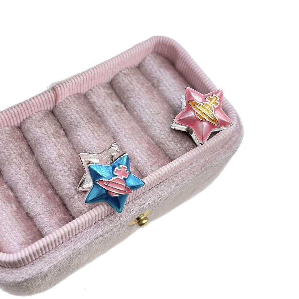 TikTok Same Style Light Fashion Blue and Pink Color-Block Glaze Double-Sided Pentagram Earrings Unique Exquisite Ear Jewelry 975