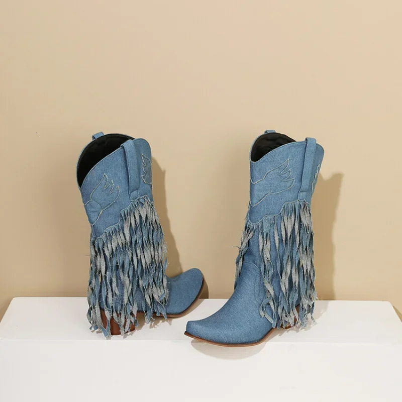 LeShion Of Chanmeb Big Size 45 Women Blue Denim Jean Cowboy Boots Mid-calf Tassel Block Heels Western Boot Cowgirl Fringed Shoes 250729