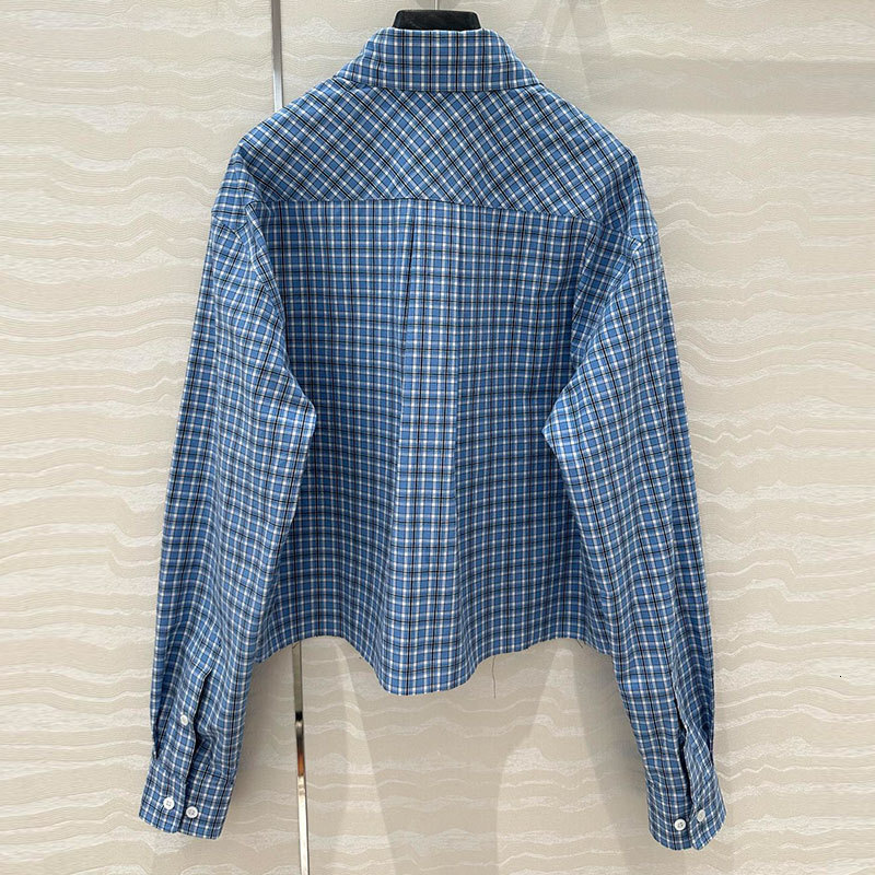 Lady Blue Plaid Cotton Shirt Fashion Single Breasted Lapel Neck Short Loose Blouses Luxury Designer Clothes S0772