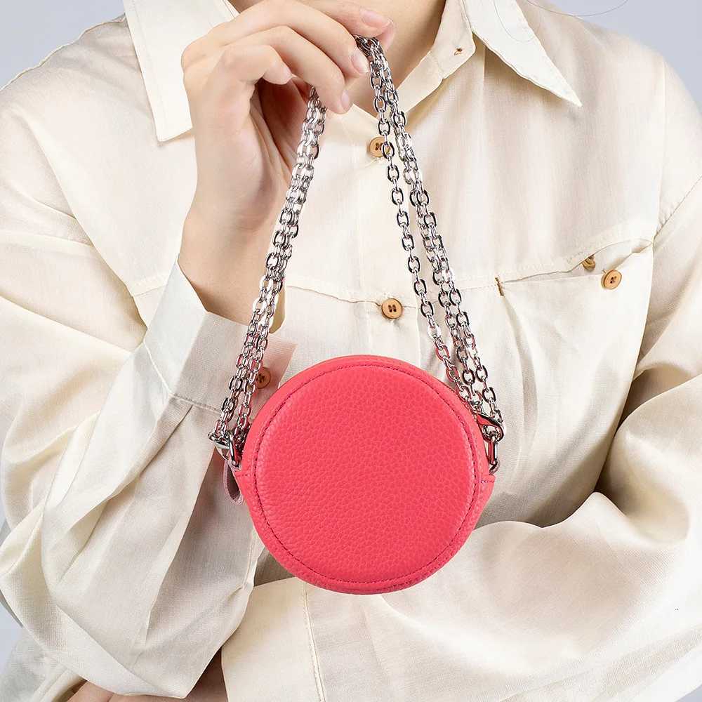 Ladies Fashion New Genuine Leather Round Mini Chain Bag Evening Shoulder Crossbody Purse Portable Change Lipstick Storage Bag Y250729