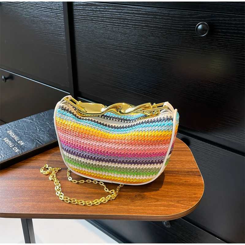 Rainbow Summer Straw Woven Crossbody Shoulder BagDesigner Beach Straw Tote BagWomen Clutch PurseCasual Metal Handle Handbag Y250729