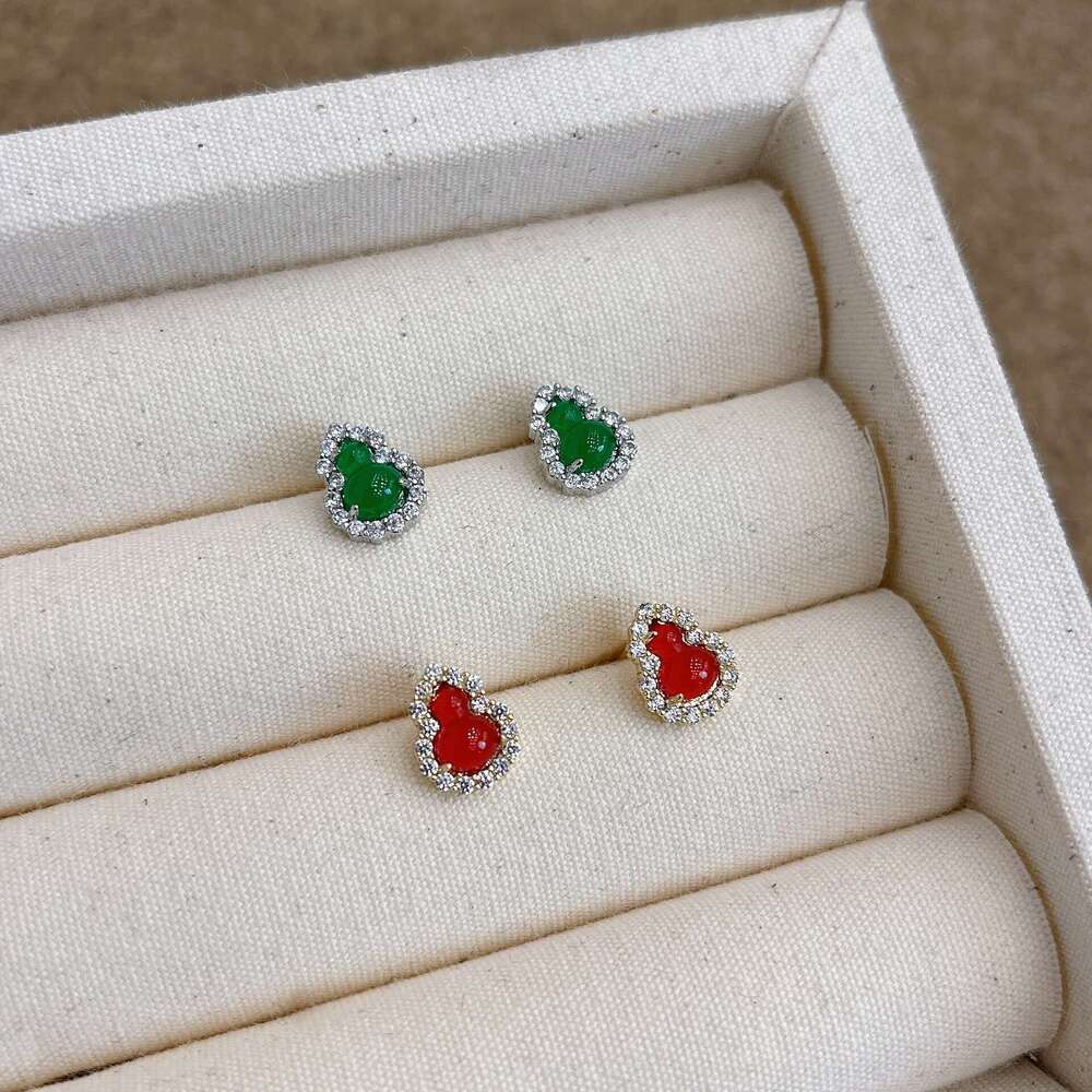 Chinese Green Red Earrings 2024 New High-end Light National Style Gourd Decoration Fortune and Prosperity 88d