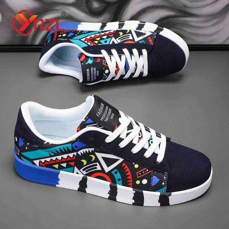 YRZL Men's Sports Running Canvas Geometric Style Lace-Up Sneakers Couples' Fashionable Graffiti Print Skate Shoes Men