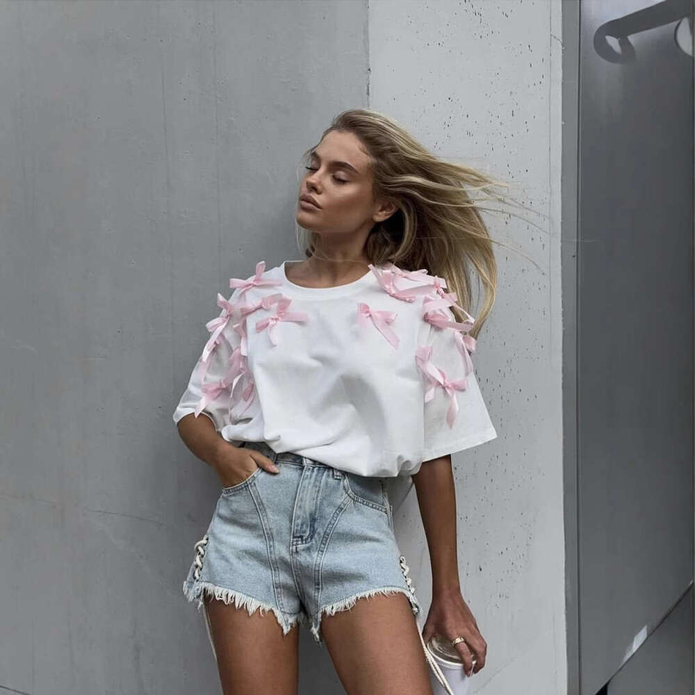 Cute Girl Ribbon Bow Short Sleeve T-Shirt Ins Style Loose Cotton Casual Top B5