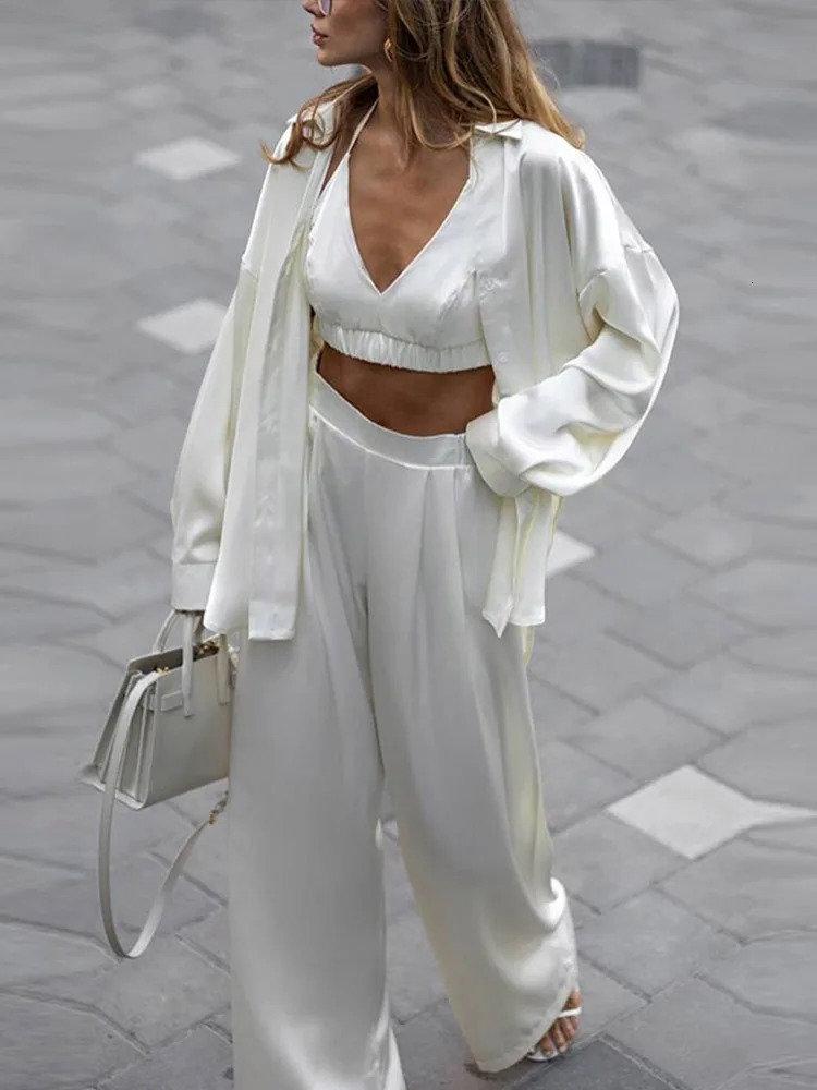 Sexy Loose Silk 3 Piece Sets Women Outfit Fashion Long Sleeve Shirts Bra With High Waist Wide Pants Set Lady 250730