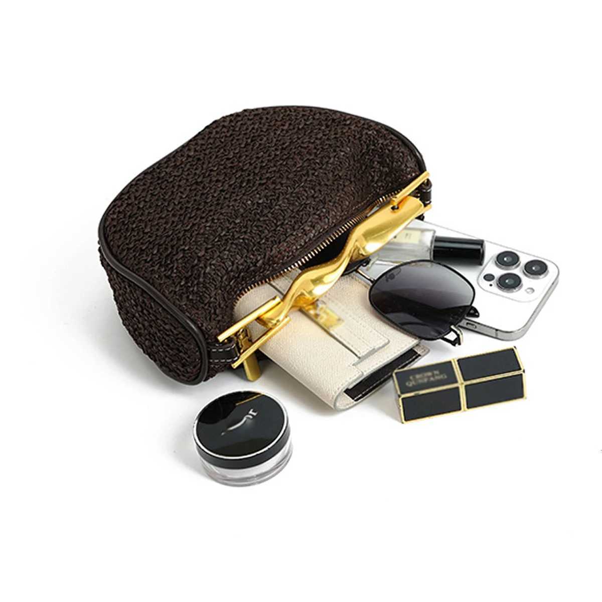 Summer Metal Handle Crossbody Zipper Woven Beach Bag Reliable Crescent Shaped Beach Str Woven Shoulder Crossbody Bag Y250730