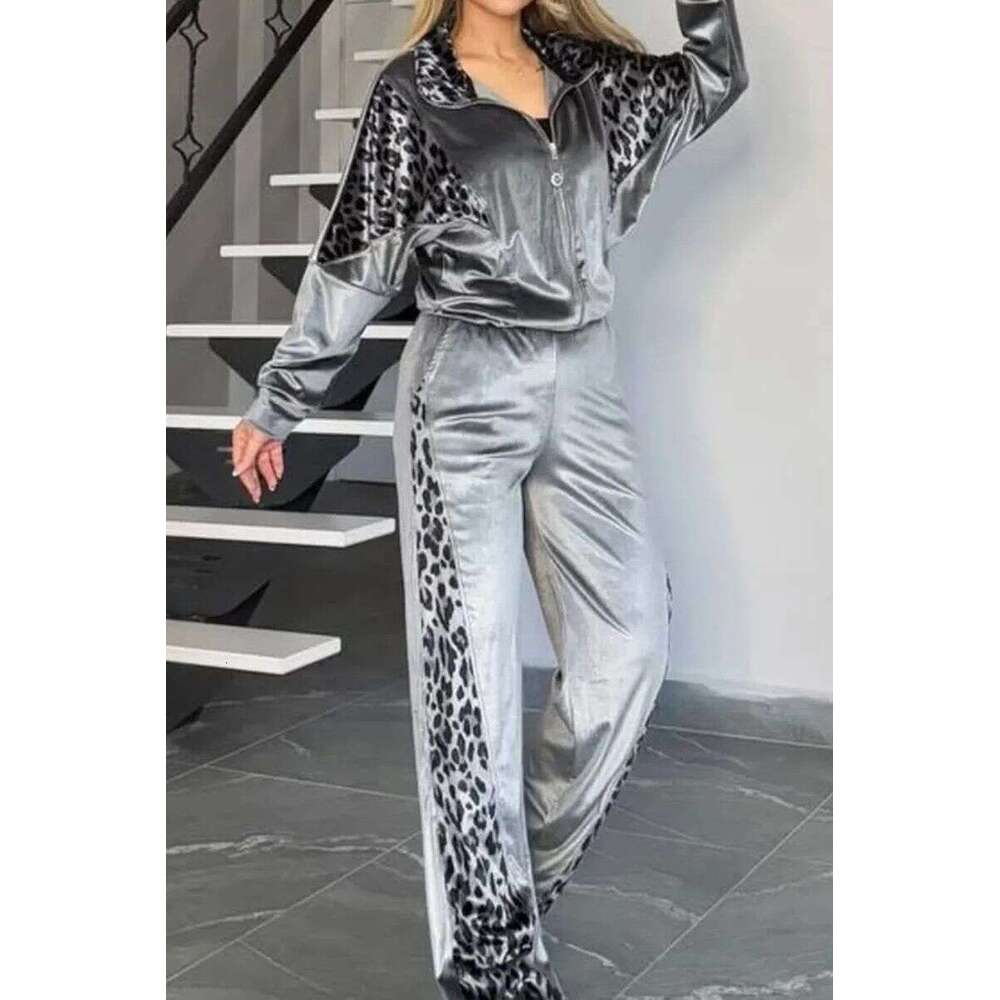 Women's Clothing Leopard Print Contrast Trousers Long Sleeved Home Clothes Suit