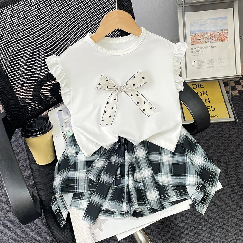 Summer Children Girls Plaid Skirt Outfits Sweet Dot Print Bow Sleeveless Tops Irregular Skirt Suits Infant Babys Girls 2PCS Sets 250729