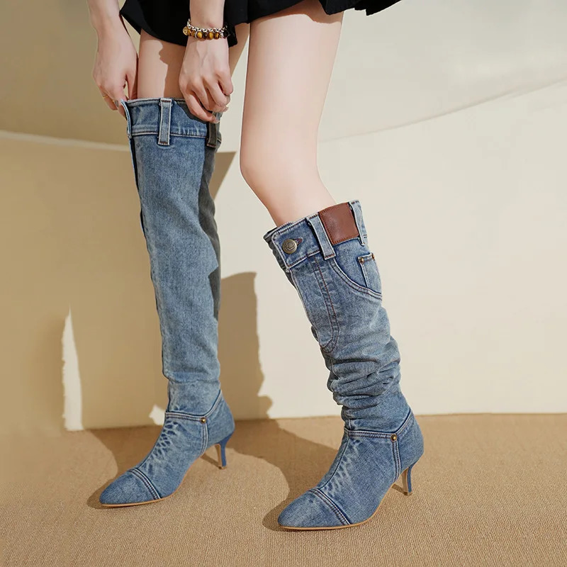autumn denim Boots Outdoor non slip high heels Sharp pointed retro long boot Casual comfortable womens shoes Botas Zapatos 250729