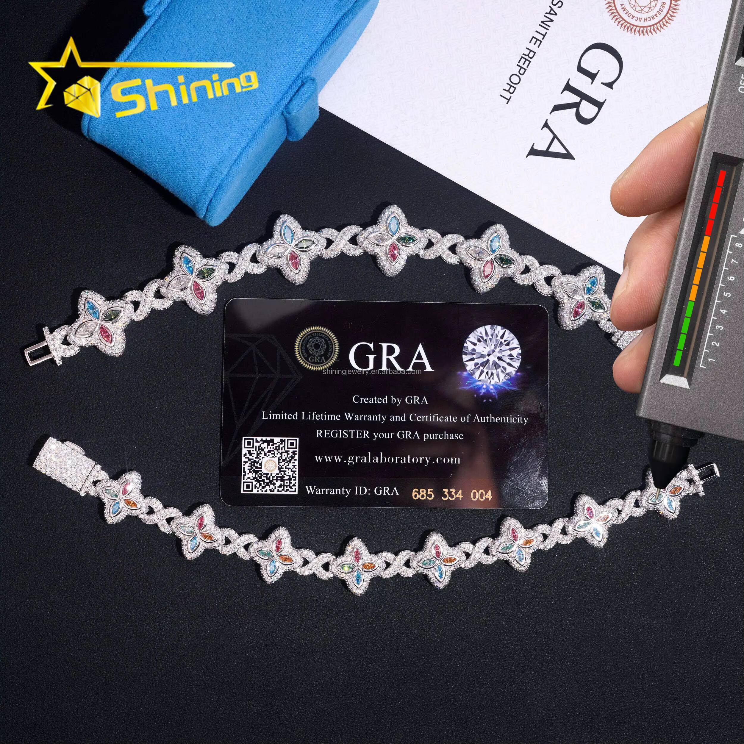 Unique Design Luxury Jewelry Hot Selling Hip Hop Mulit Color Marquise Moissanite Iced Out S925 Silver Cuban Clover Bracelet Men