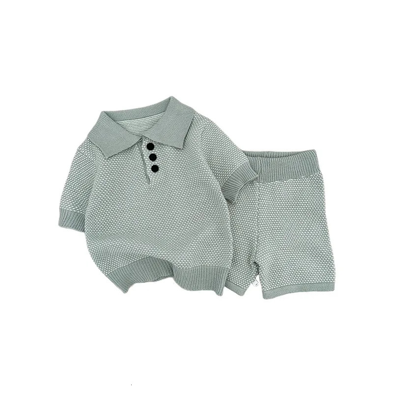Korean Childrens Clothing Boys Knitted Suit Stylish Baby Thin Breathable Polo Shirt Short Sleeved Five Quarter Pants 250729