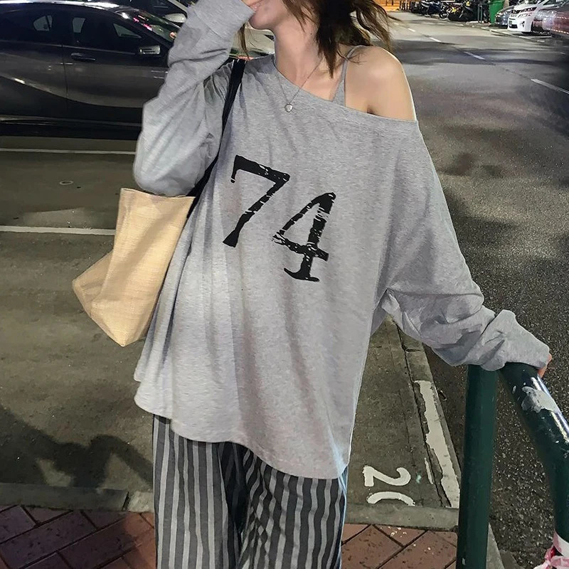 Women Clothing Trendy Sexy Off Shoulder Letter Print Basic T-shirt Y2K Harajuku Oversized Streetwear Tees Long Sleeve Tunic Tops 250725