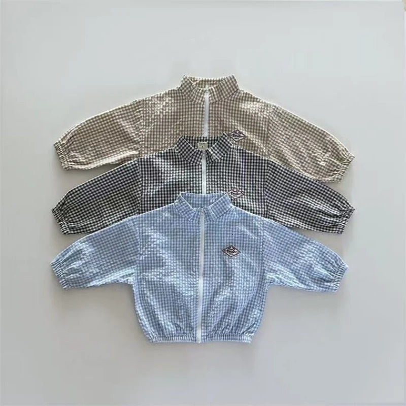 TZ2624 Summer Plaid Stand Collar Jacket And Shorts Set for Kids Thin Zipper Sun Protection Clothing Trendy Two-Piece Outfit 250729