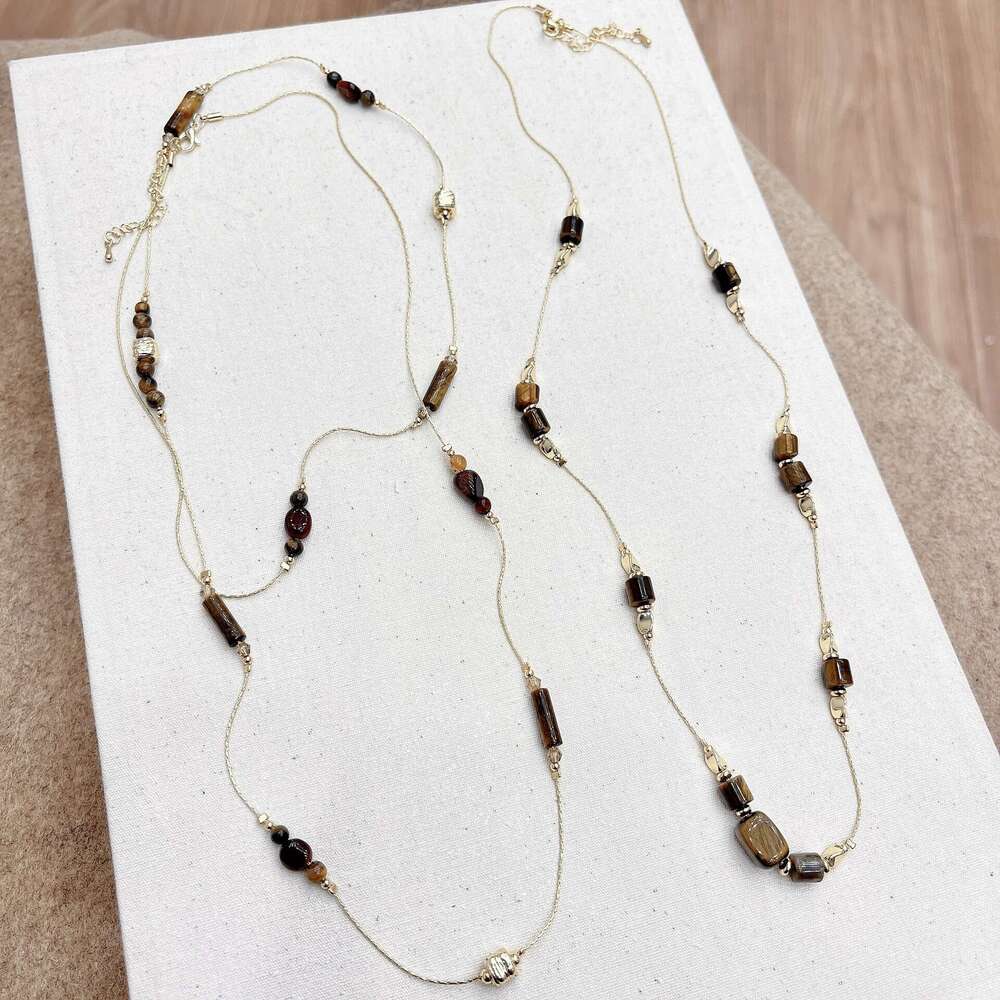 Exquisite Fashionable Melad Coffee Color Tiger Eye Stone Snake Bone Necklace High-end Niche Women's Metal Long Sweater Chain 1de