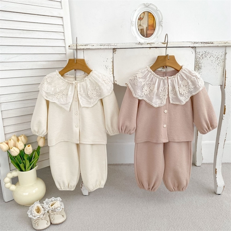 Autumn Spring Girls Long Sleeve Suit Cotton Lace Collar Cardigan Pant Two-piece Suit 250729