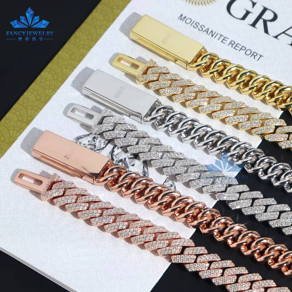 Pass Diamond Tester 8mm-12mm Two Rows 925 Silver Moissanite Cuban Chain Ice Out Hiphop Cuban Link Chain Bracelet