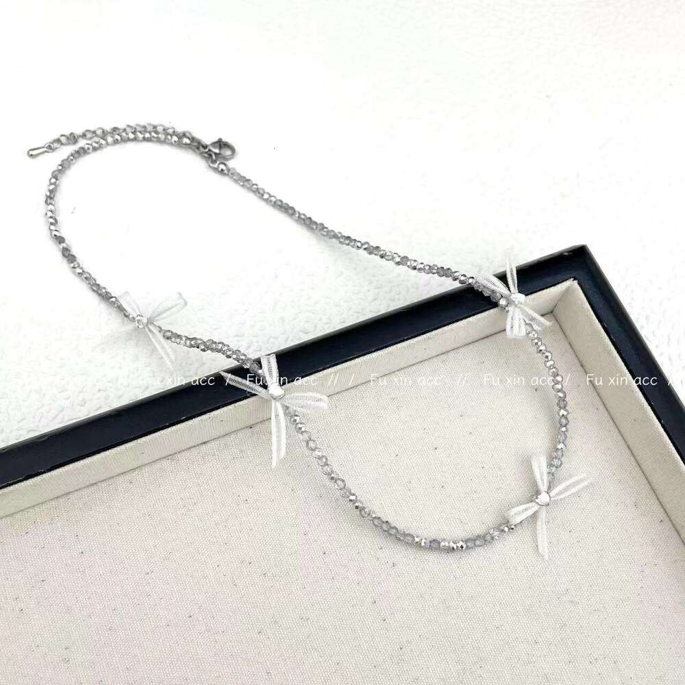 Sweet Girl Sheer Bow Necklace for Women Korean Dongdaemun Collarbone Chain Elegant Versatile Beaded Choker 777