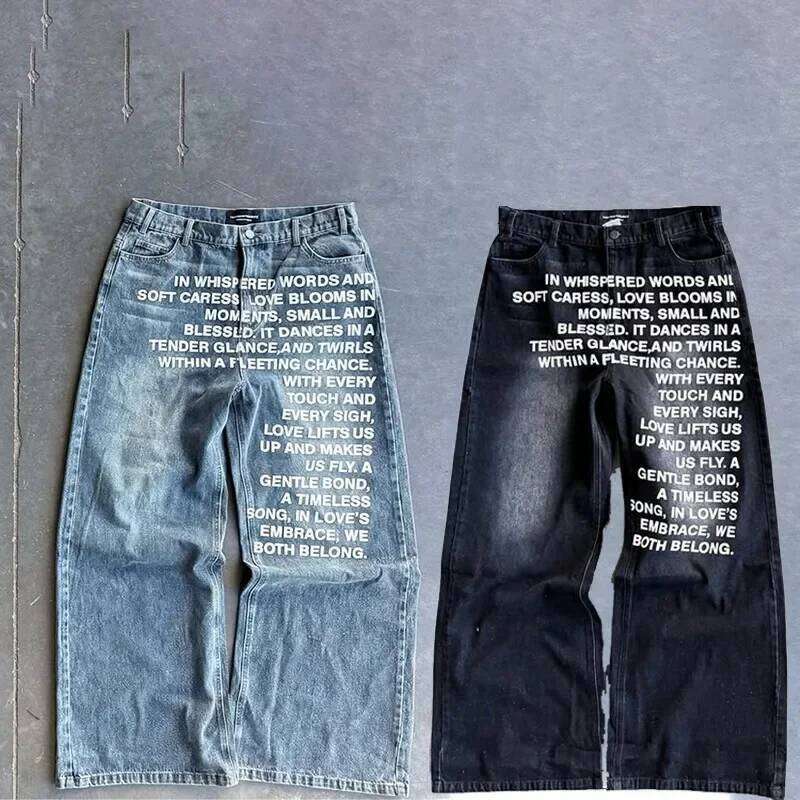 American Retro Patterned Alphabet Jeans Personalized Street Clothing Y2k Goth Men And Women Fashion Casual Pants