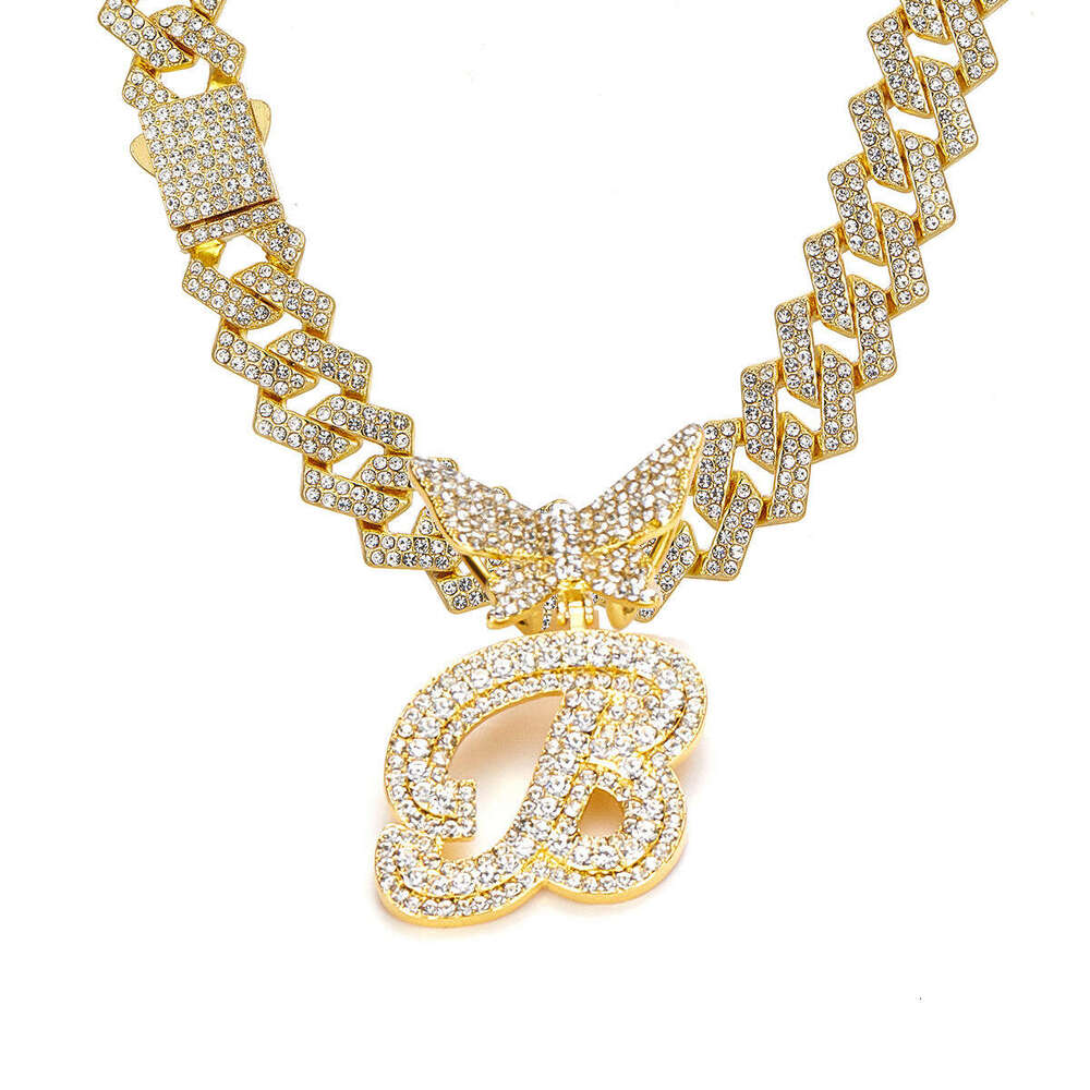 26 Alphabet Alloy Rhinestone Necklace Butterfly Clasp Full Dia Hip Hop Pendant