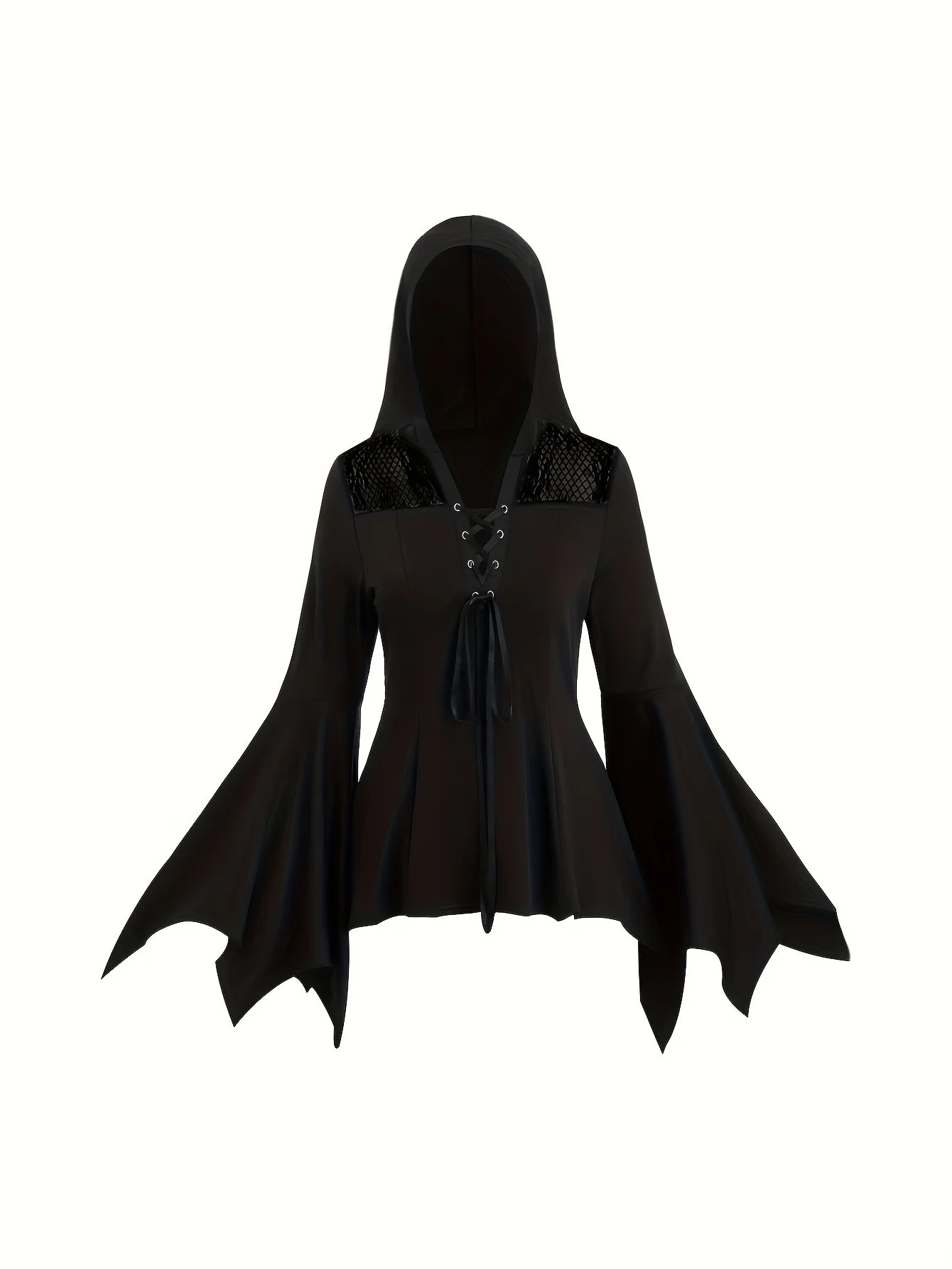 European and American fashion explosions plus size lace stitching trumpet sleeve hooded top solid color long Go 250730