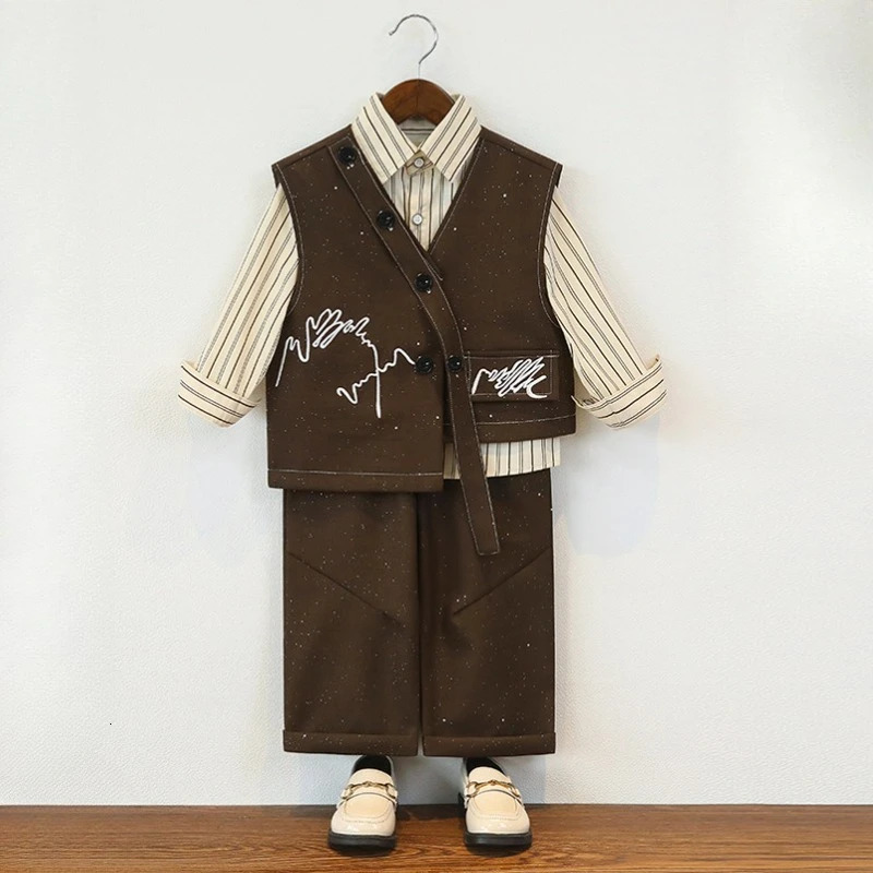Children Suit Retro Starry Sky Vest Set for Boys Birthday Party Tuxedo Beige Elegance Kids Wedding Piano Performance Outfits 8 Y 250729