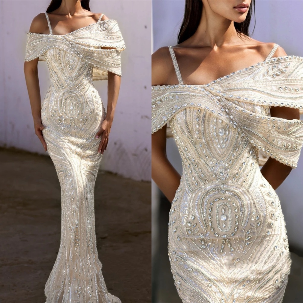 Designer Mermaid Wedding Dress Off Shoulder Sleeveless Bridal Gowns Crystal Sequins Floor Length Dresses Custom Made vestidos de novia