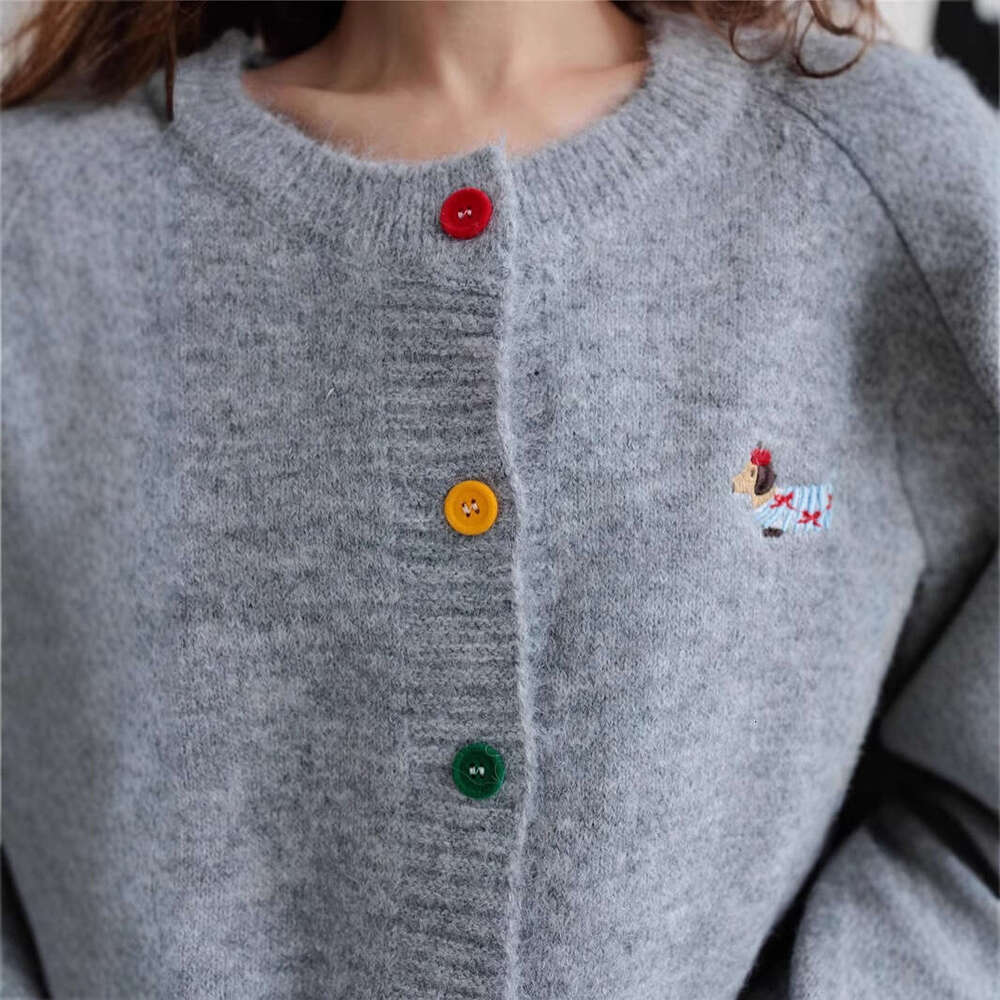 Round Neck Colorful Button Puppy Embroidery Long Sleeve Sweater Cardigan For Women Autumn Korean Style Versatile Top B5 h6