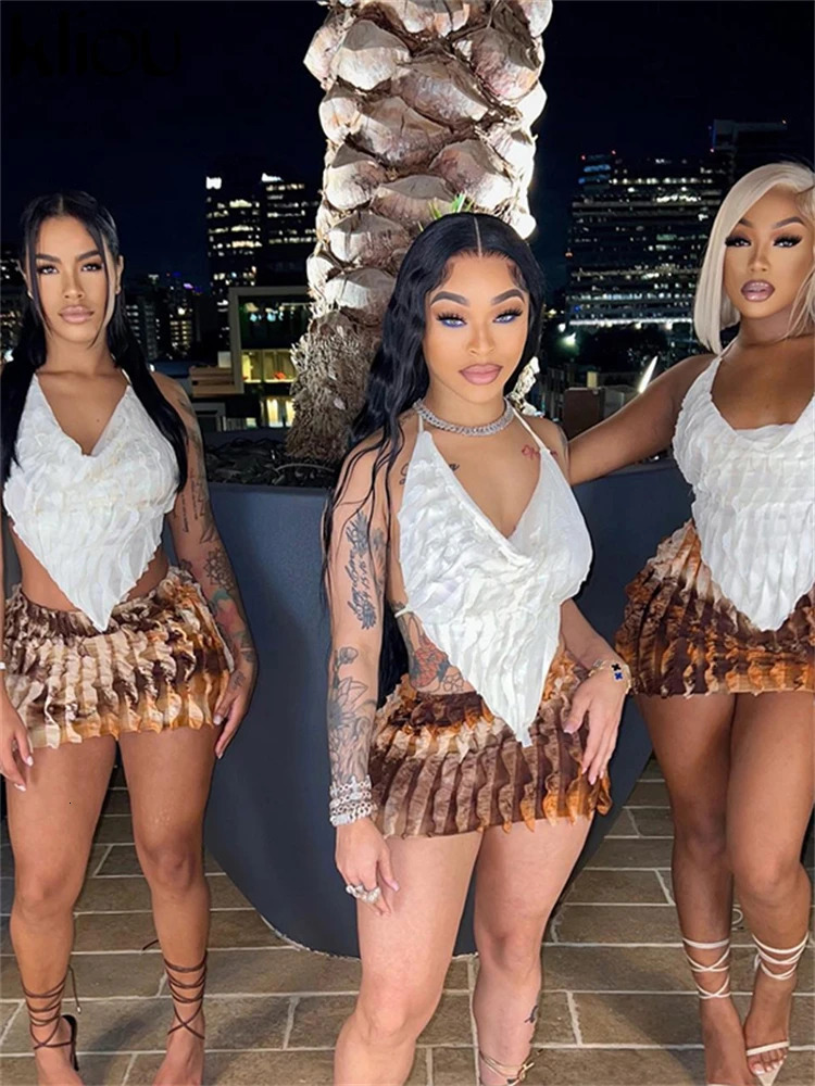 Summer Women Mini Sexy Mesh Two Piece Set K23S37851 Girl Print Ruched Halter CamisoleHip Skirt Outfit Dance Club Attire 250729